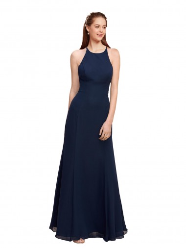 Outlet High Halter Fit and Flare Long Chiffon Prom Dress with Criss Cross Low Back