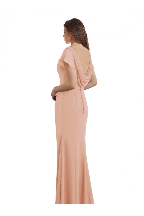 Outlet Cap Sleeves Long Chiffon Prom Dress with Low V-Back