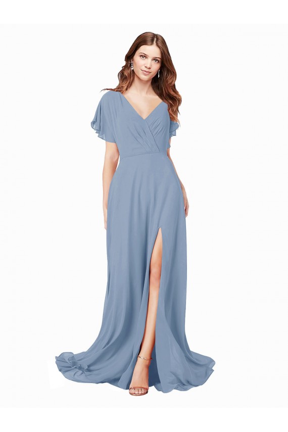 Outlet Chiffon Prom Dress with Flutter Sleeves and Front Slit