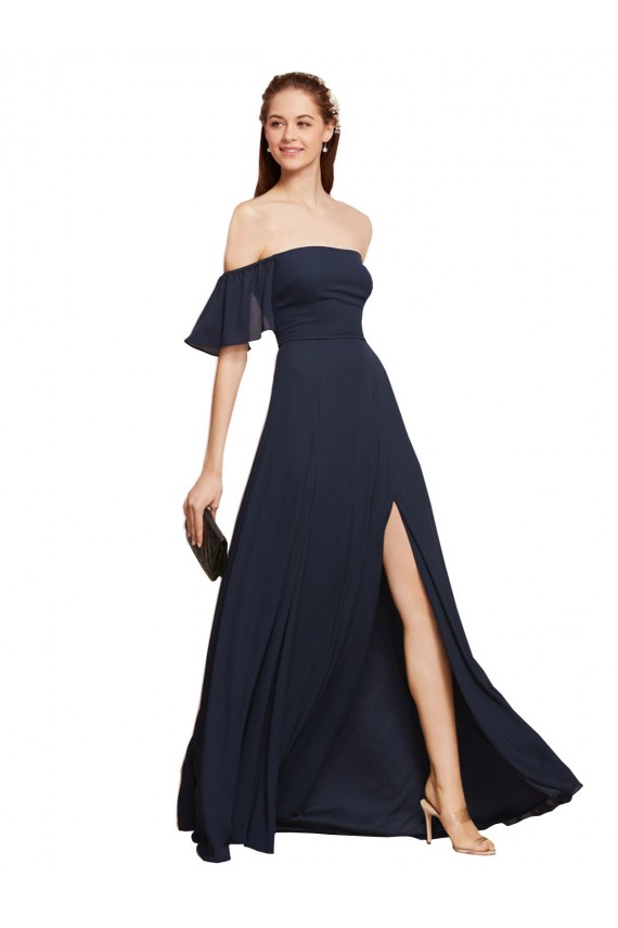Outlet Off the Shoulder Floaty Sleeves Chiffon Prom Dress with High Slit