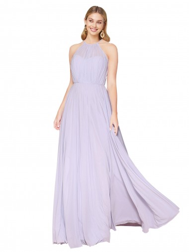 Outlet High Neck Halter Shirred Chiffon Prom Dress