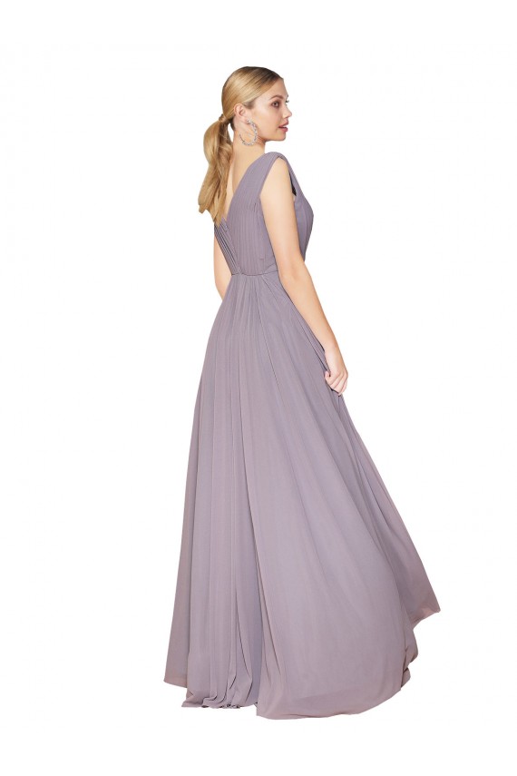 Outlet Draped Floor Length High Neck V-Back Chiffon Prom Dress with Shirred Bodice