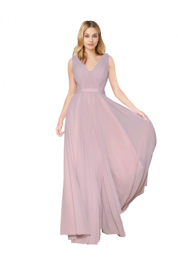 Outlet Draped V-Neck Long Chiffon Prom Dress with Shirred Bodice
