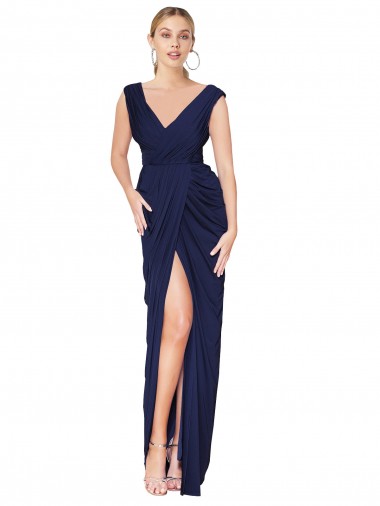 Outlet Draped V-Neck Long Chiffon Prom Dress with Front Slit
