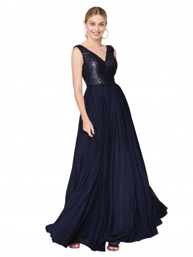 Outlet High Neck V-Neck Long Chiffon Prom Dress with Sequin Top