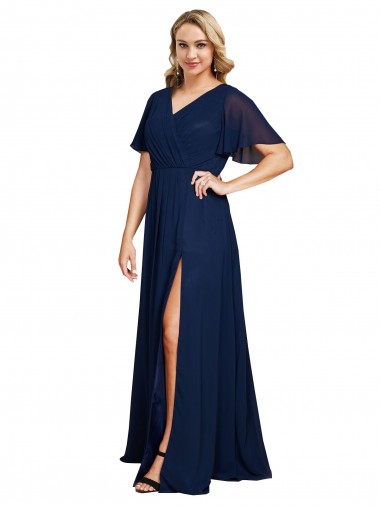 Outlet Chiffon V-Neck Short Sleeves Long Prom Dress with High Slit