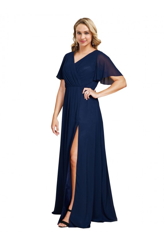 Outlet Chiffon V-Neck Short Sleeves Long Prom Dress with High Slit