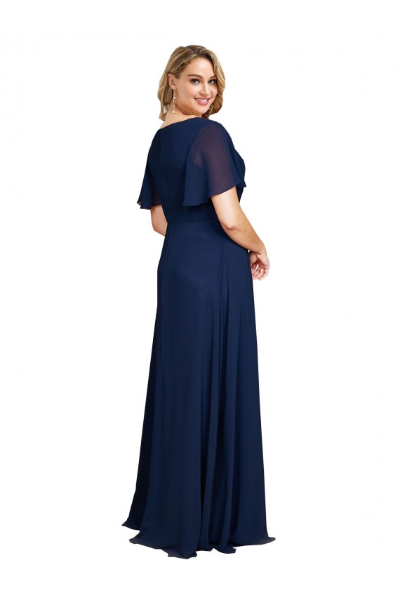 Outlet Chiffon V-Neck Short Sleeves Long Prom Dress with High Slit