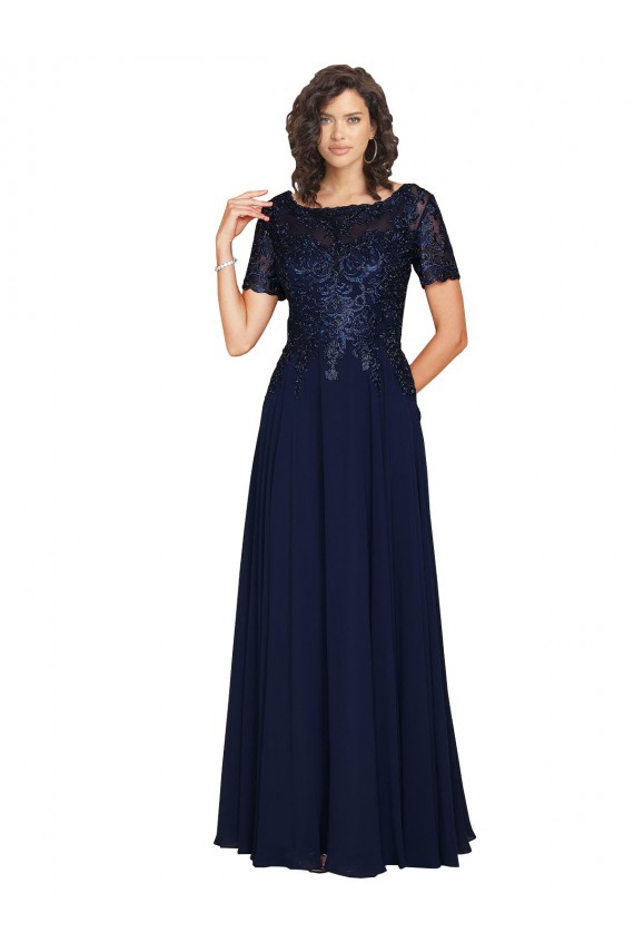 Outlet Short Sleeves A-Line Long Chiffon Prom Dress with Beaded Bodice