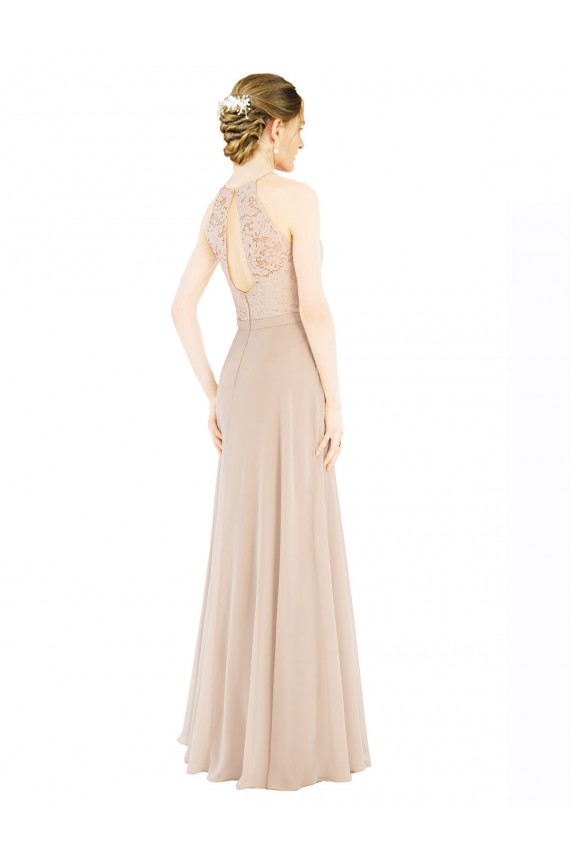 Outlet High Halter Neck Illusion Lace Prom Dress with Chiffon Skirt and Keyhole Back