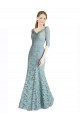 Outlet Half Sleeves Pleated Lace Prom Dress with Wrap-Around Portrait Neckline