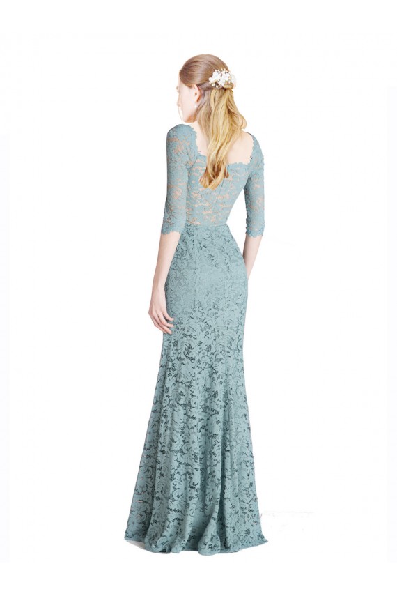 Outlet Half Sleeves Pleated Lace Prom Dress with Wrap-Around Portrait Neckline