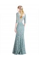 Outlet Half Sleeves Pleated Lace Prom Dress with Wrap-Around Portrait Neckline