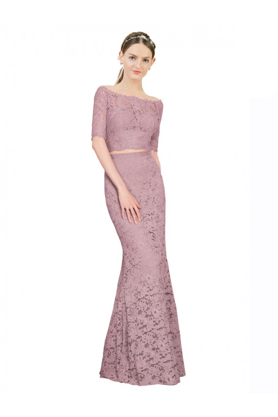 Outlet Short Sleeves Crop Top Mermaid Lace Prom Dress