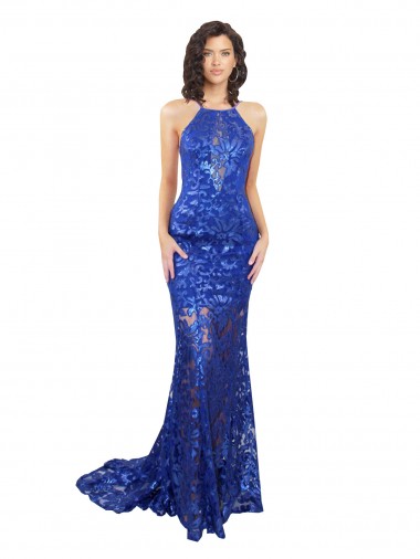 Outlet High Neck Long Open Back Lace Prom Dress with Train