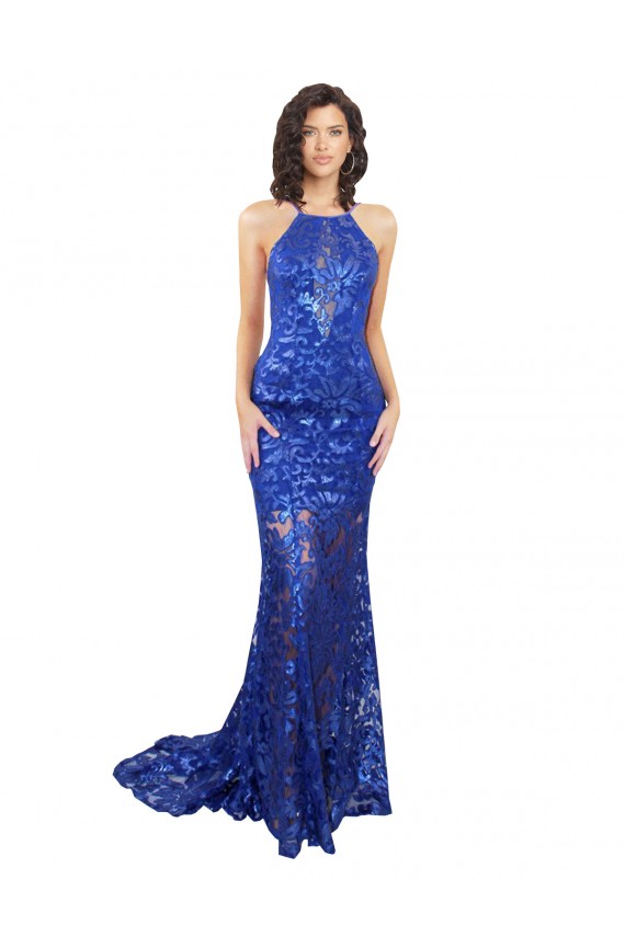 Outlet High Neck Long Open Back Lace Prom Dress with Train