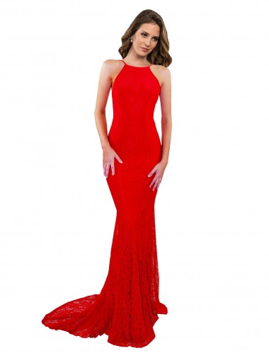 Outlet High Neck Long Lace Prom Dress with Open Back Straps