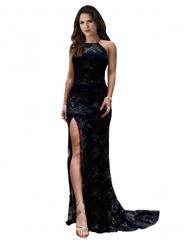Outlet High Neckline Lace Open Back Prom Dress with High Slit