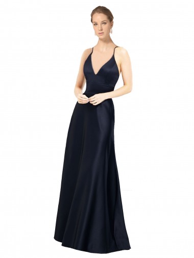 Outlet Sexy Satin Prom Dress with Deep V-Neckline and Strappy Back