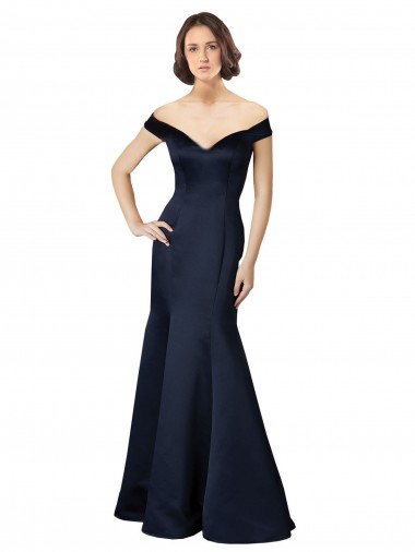 Outlet Fit and Flare Satin Prom Dress with Off the Shoulder Neckline