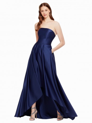 Outlet High Low Strapless Satin Prom Dress with Pockets