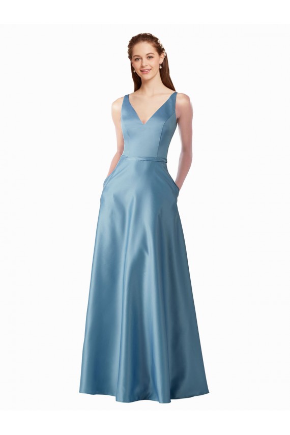 Outlet Classic Satin V-Neck A-Line Prom Dress with Pockets