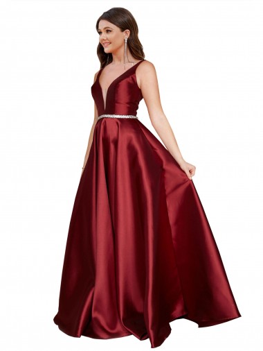 Outlet Sleeveless Deep V-Neck A-Line Satin Prom Dress with Pockets