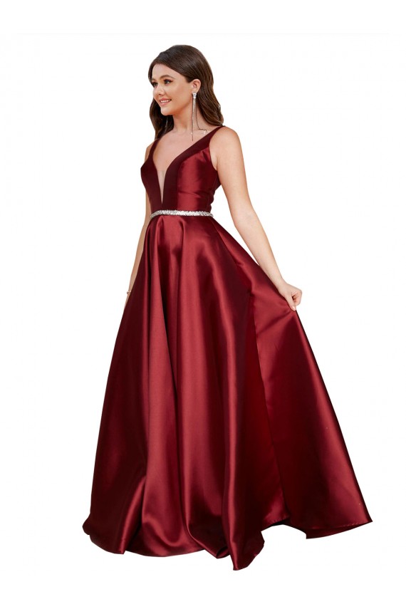 Outlet Sleeveless Deep V-Neck A-Line Satin Prom Dress with Pockets