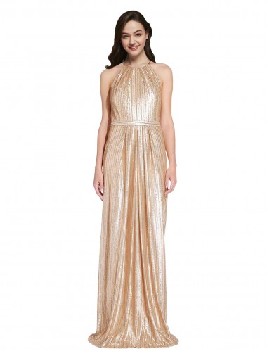 Outlet Floor Length Halter Neck Sparkling Sequin Prom Dress with Pleats