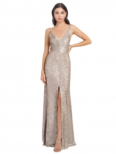 Outlet V-Neck Fully Sequin Prom Dress with V-Back and Front Slit