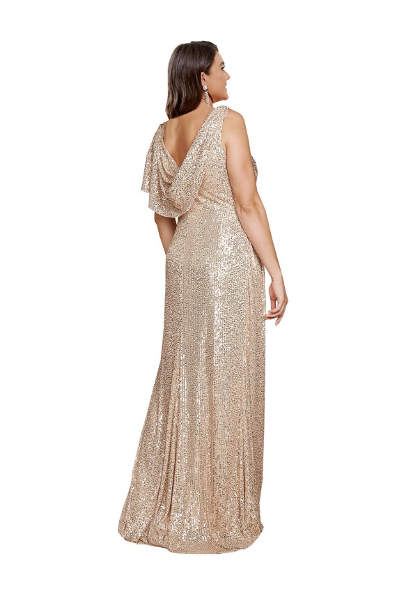 Outlet Deep V-Neck Sleeveless Sparkling Sequin Prom Dress with Draped Cowl Back