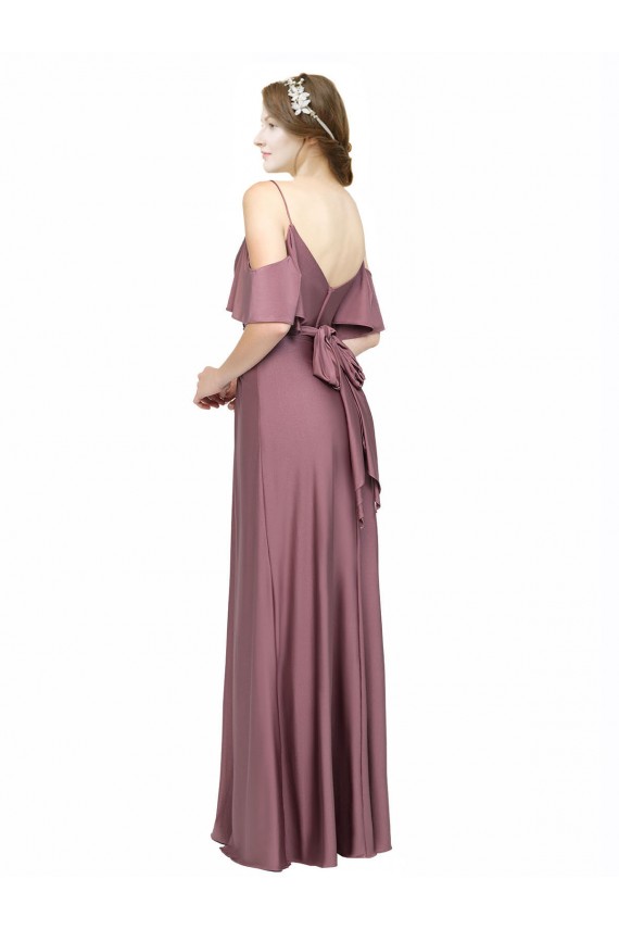 Outlet Draped Cold Shoulder Sleeves Long Silky Satin Prom Dress with Slit and Tie Back