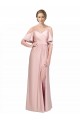 Outlet Draped Cold Shoulder Sleeves Long Silky Satin Prom Dress with Slit and Tie Back