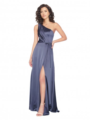 Outlet Draped Silky Satin Prom Dress with Tied Waist