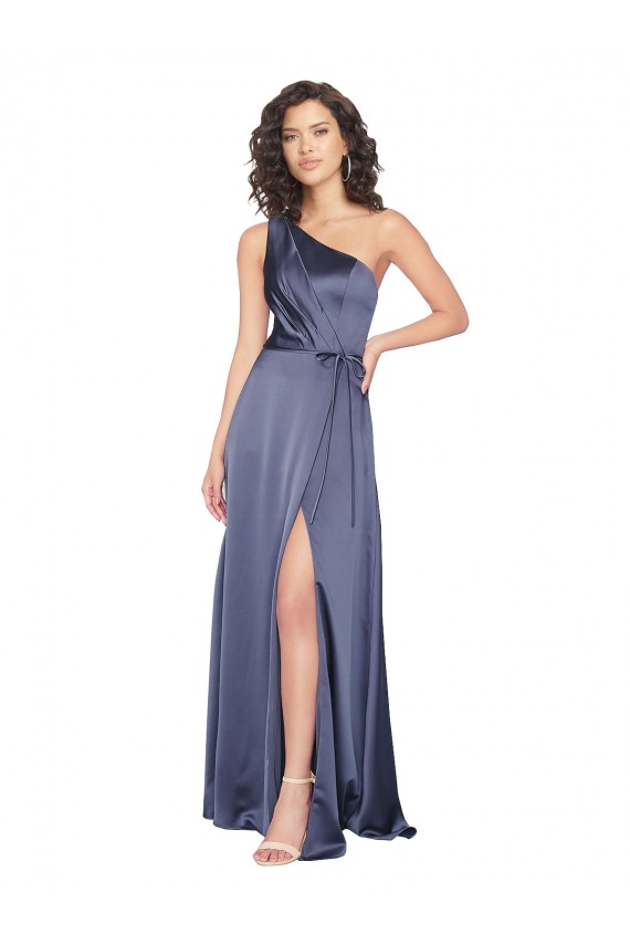 Outlet Draped Silky Satin Prom Dress with Tied Waist