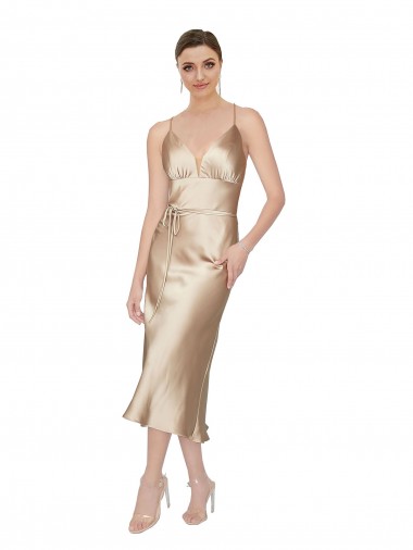 Outlet Empire Waist Silky Satin Midi Length Cocktail Dress / Prom Dress
