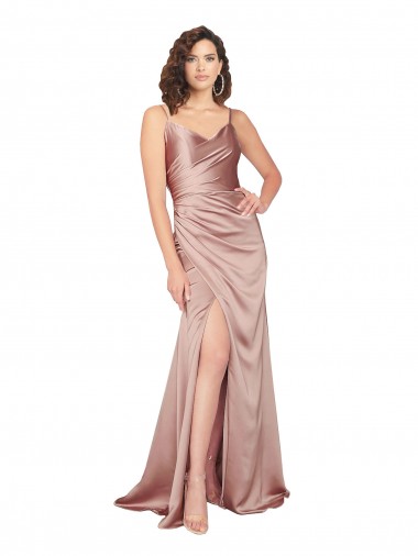 Outlet Floor Length Silky Satin Prom Dress with Front Skirt Slit