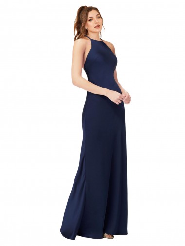 Outlet High Neck Satin Prom Dress with Strappy Back