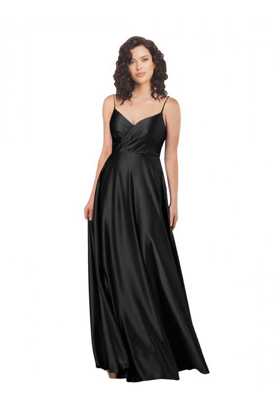 Outlet Full Length V-Neckline Silky Satin Prom Dress with Full Skirt
