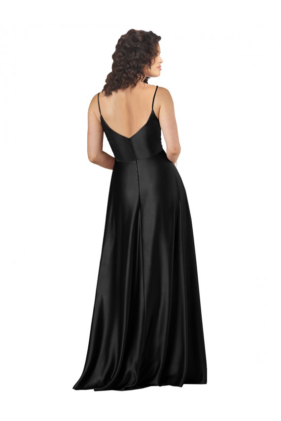 Outlet Full Length V-Neckline Silky Satin Prom Dress with Full Skirt
