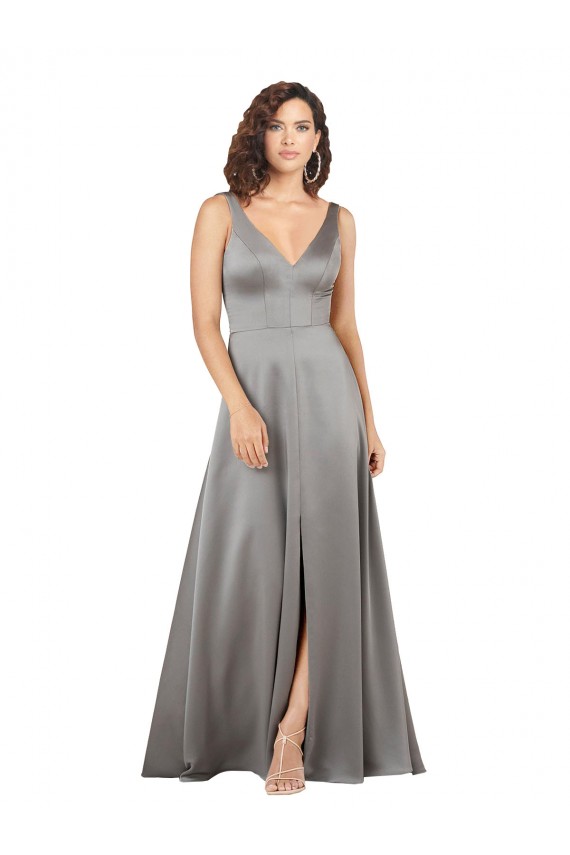 Outlet Plunging V-Neckline Long A-Line Silky Satin Prom Dress