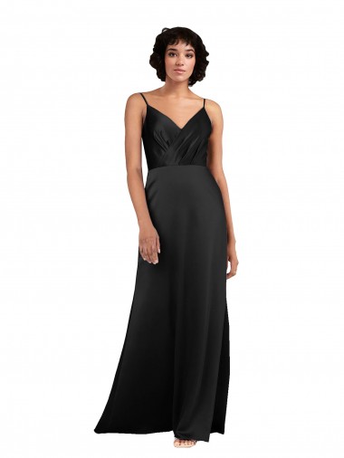 Outlet Full Length V-Neckline Silky Satin Prom Dress with Spaghetti Straps