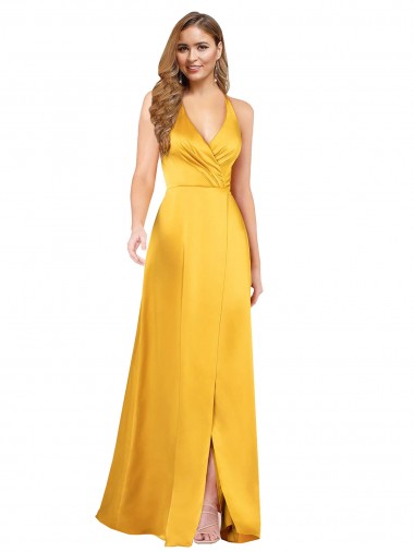 Outlet Halter A-Line Silky Satin Prom Dress with V-Neckline and Slit
