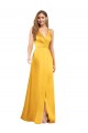 Outlet Halter A-Line Silky Satin Prom Dress with V-Neckline and Slit