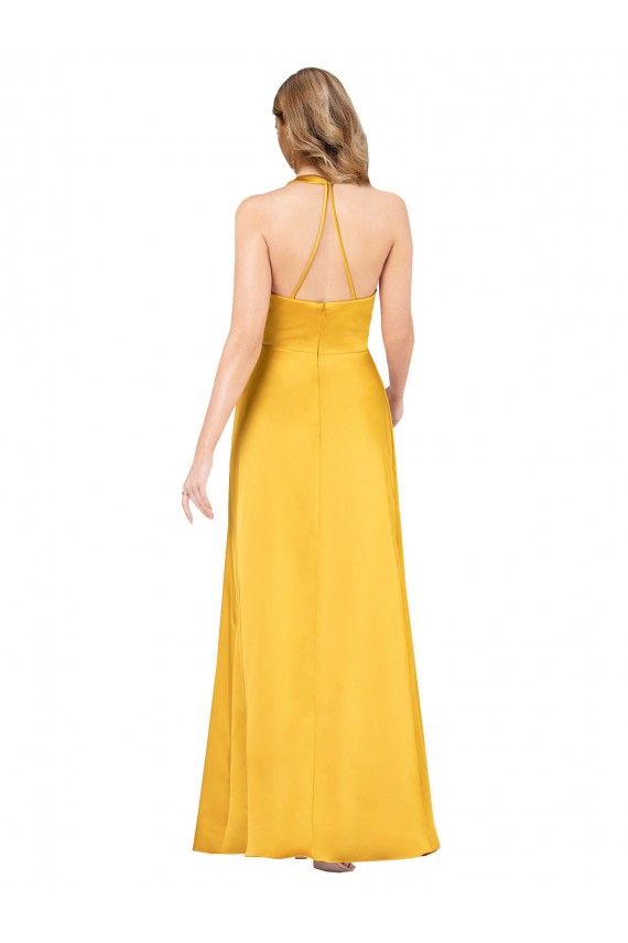 Outlet Halter A-Line Silky Satin Prom Dress with V-Neckline and Slit