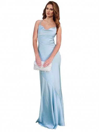 Outlet Open Back with Ties Cowl Neck Sheath Silky Satin Long Bridessmaid Dress