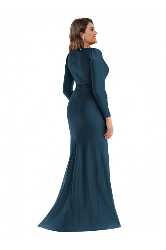 Outlet Long Sleeves Draped Wrap Silky Satin Mermaid Prom Dress with Front Slit