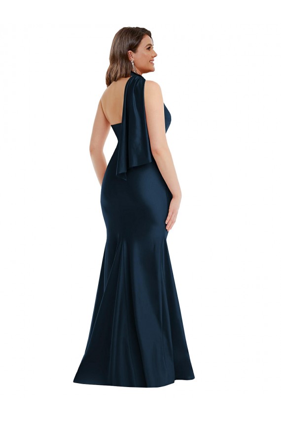 Outlet Scarf Neck One Shoulder Silky Satin Mermaid Prom Dress with Front Slit