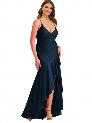 Outlet Pleated Wrap Ruffled High Low Silky Satin Prom Dress