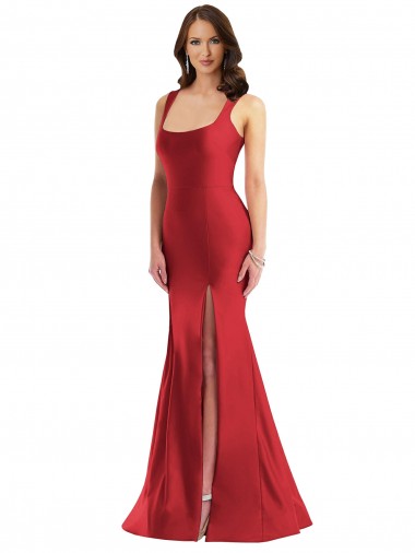 Outlet Square Neck Silky Satin Mermaid Prom Dress with Side Slit